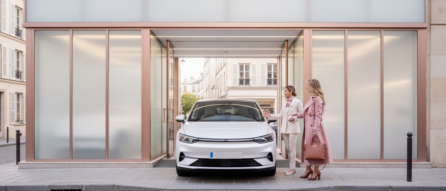 Voiture stationnée devant un atelier automobile moderne à Rouen